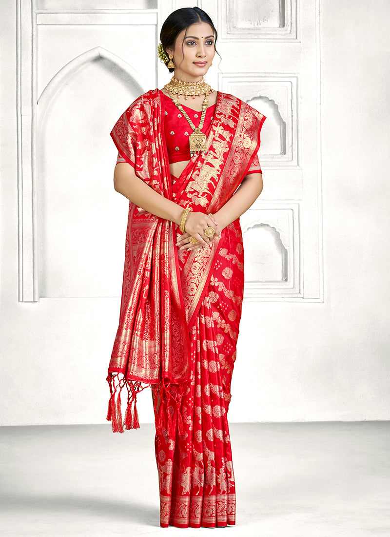Red Banarasi Silk Zari Weaving Work Festival Wear Saree SW122352