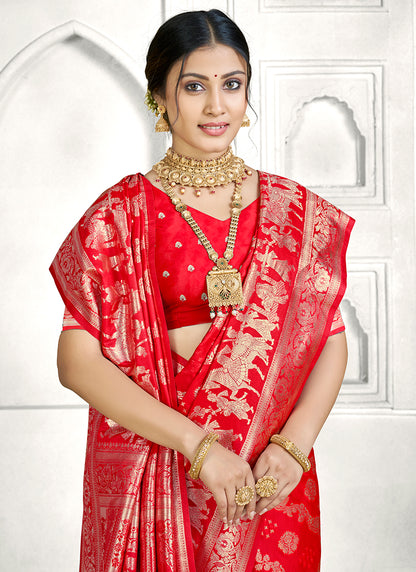 Red Banarasi Silk Zari Weaving Work Festival Wear Saree SW122352