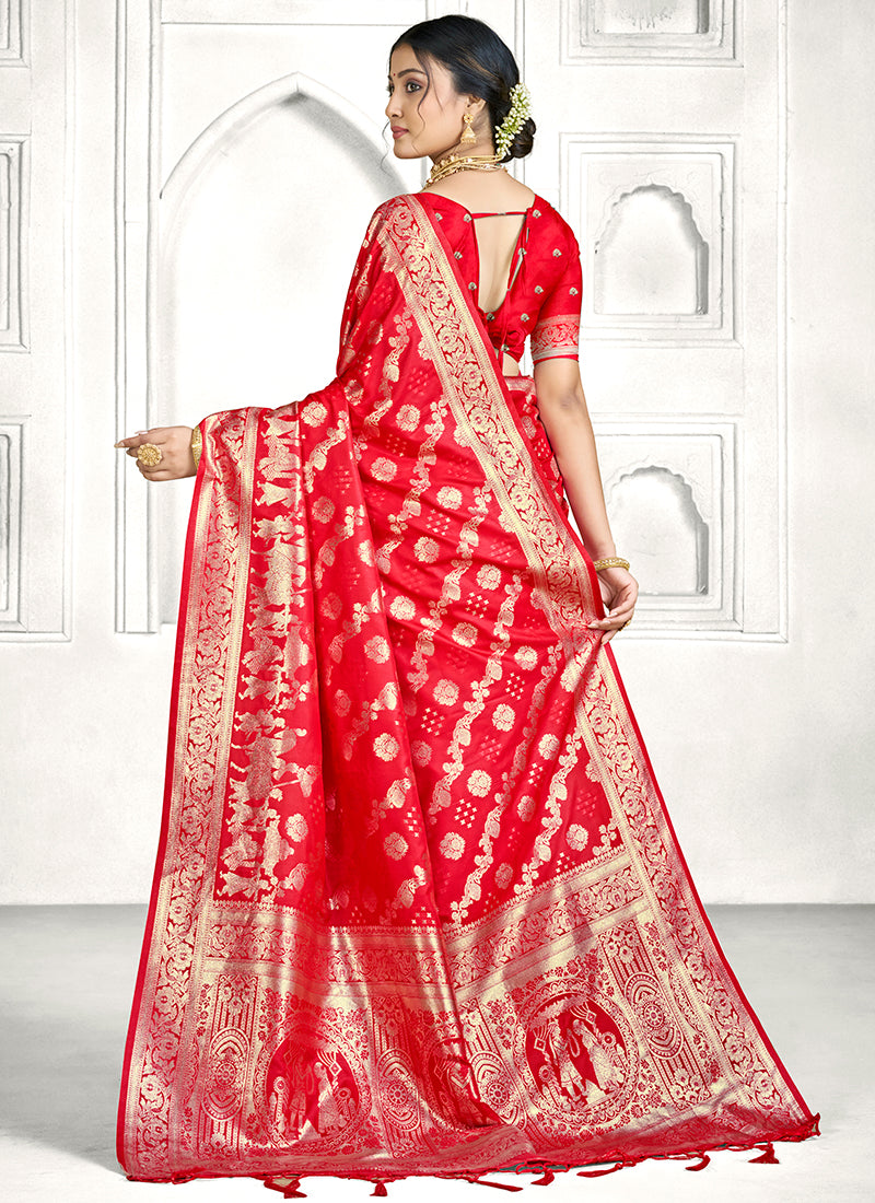 Red Banarasi Silk Zari Weaving Work Festival Wear Saree SW122352