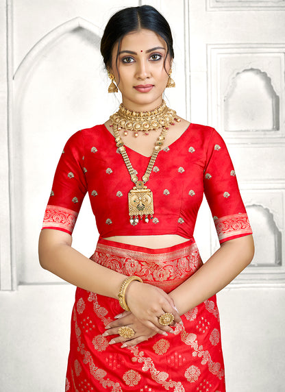 Red Banarasi Silk Zari Weaving Work Festival Wear Saree SW122352