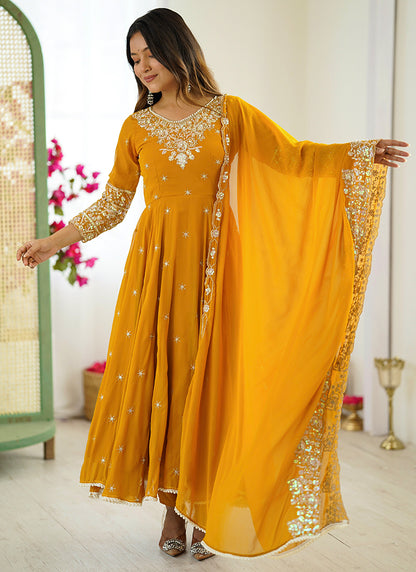 Blooming Faux Mustard Festival Wear Embroidery Work Readymade Anarkali Suit 386371