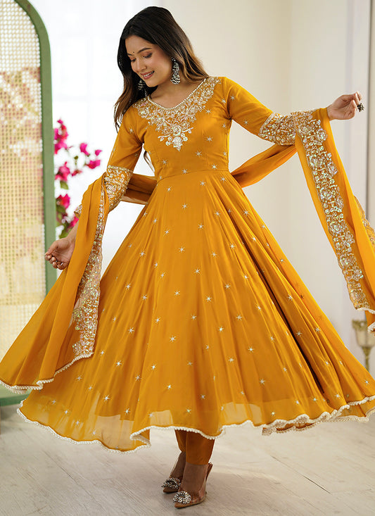 Blooming Faux Mustard Festival Wear Embroidery Work Readymade Anarkali Suit 386371