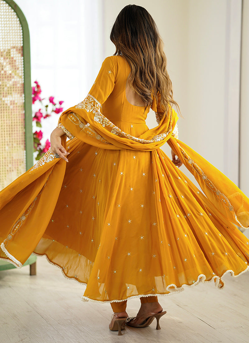 Blooming Faux Mustard Festival Wear Embroidery Work Readymade Anarkali Suit 386371