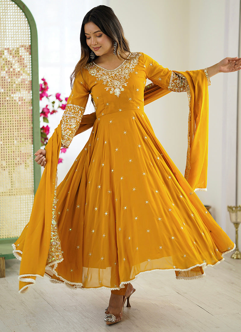 Blooming Faux Mustard Festival Wear Embroidery Work Readymade Anarkali Suit 386371