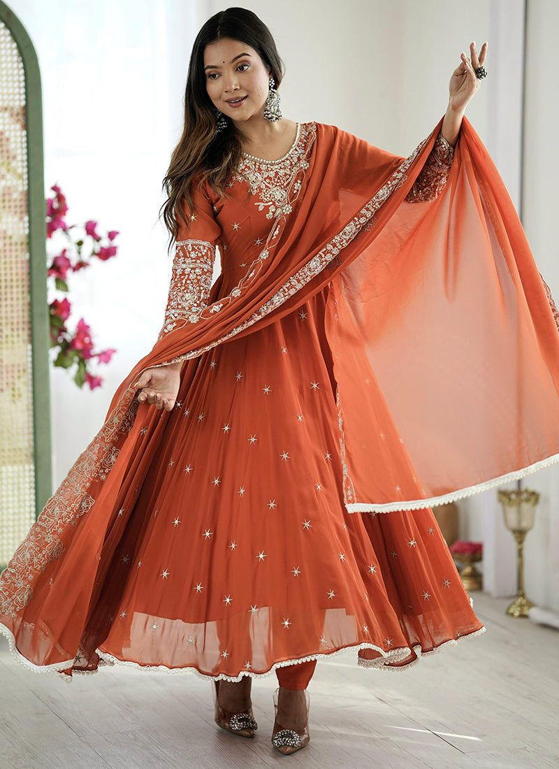 Blooming Faux Rust Orange Festival Wear Embroidery Work Readymade Anarkali Suit 386372