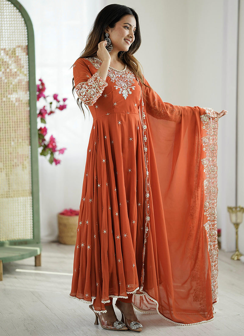 Blooming Faux Rust Orange Festival Wear Embroidery Work Readymade Anarkali Suit 386372