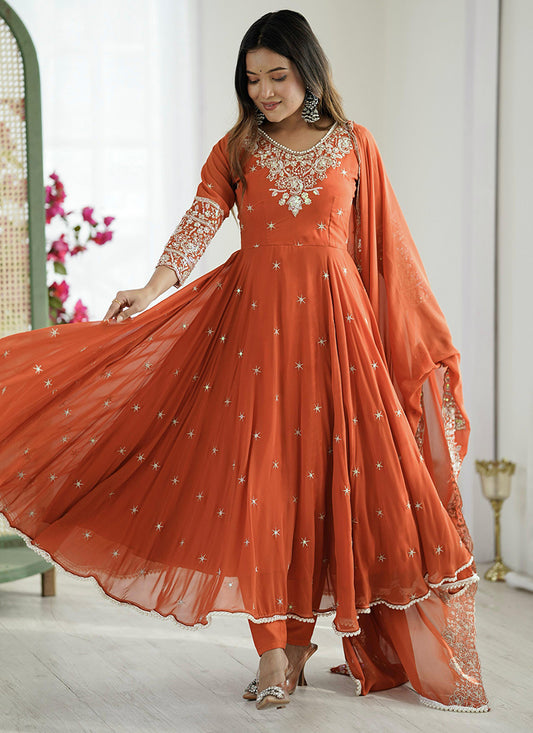 Blooming Faux Rust Orange Festival Wear Embroidery Work Readymade Anarkali Suit 386372
