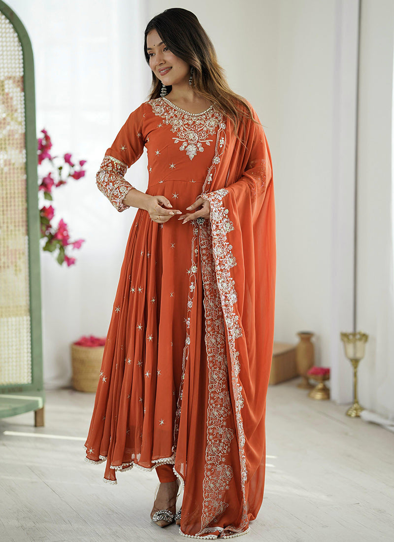 Blooming Faux Rust Orange Festival Wear Embroidery Work Readymade Anarkali Suit 386372