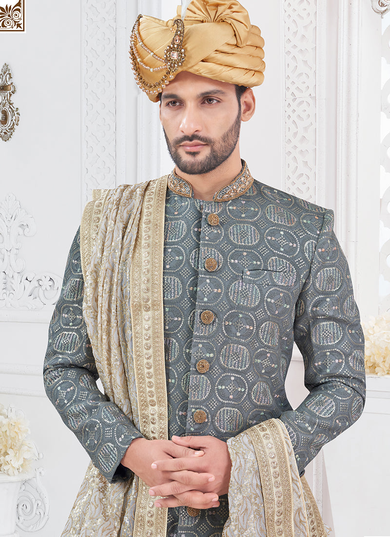 Georgette Grey Groom Wear Hand Work Readymade Sherwani With Turban 370287