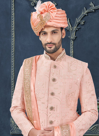 Silk Pink Groom Wear Hand Work Readymade Sherwani With Turban 370288