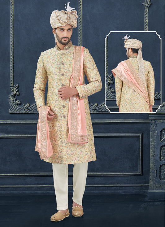 Silk Pista Green Groom Wear Hand Work Readymade Sherwani With Turban 370289