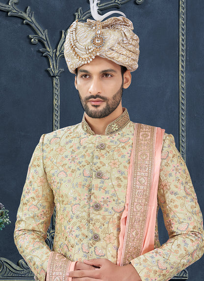 Silk Pista Green Groom Wear Hand Work Readymade Sherwani With Turban 370289