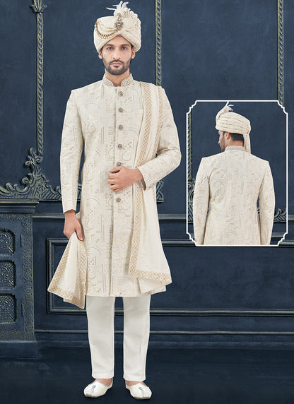 Silk Off White Groom Wear Hand Work Readymade Sherwani With Turban 370290