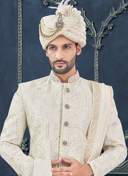 Silk Off White Groom Wear Hand Work Readymade Sherwani With Turban 370290