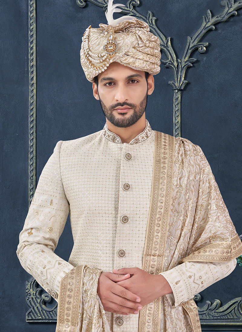 Georgette Off White Groom Wear Hand Work Readymade Sherwani With Turban 370292