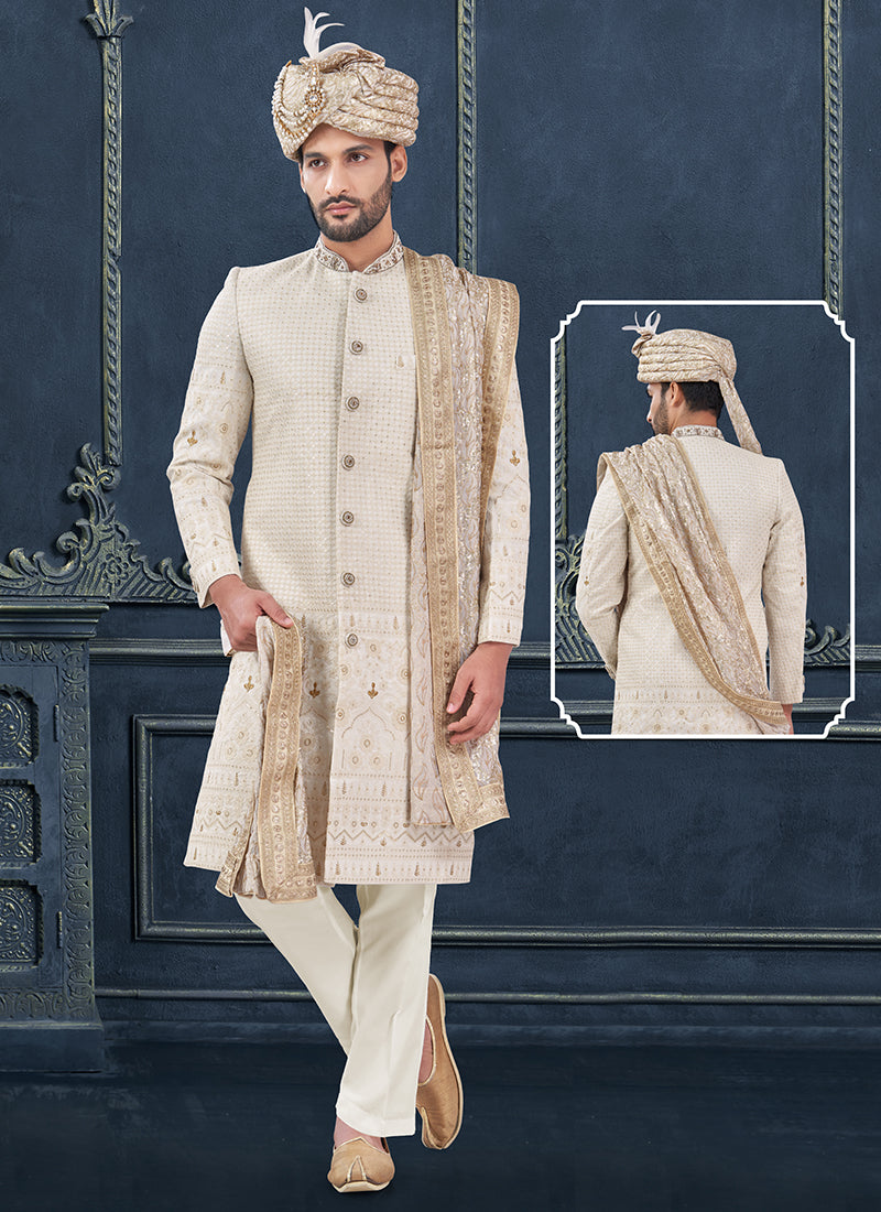 Georgette Off White Groom Wear Hand Work Readymade Sherwani With Turban 370292