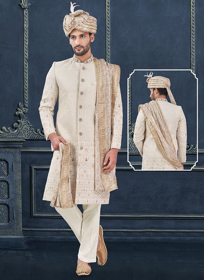 Georgette Off White Groom Wear Hand Work Readymade Sherwani With Turban 370292