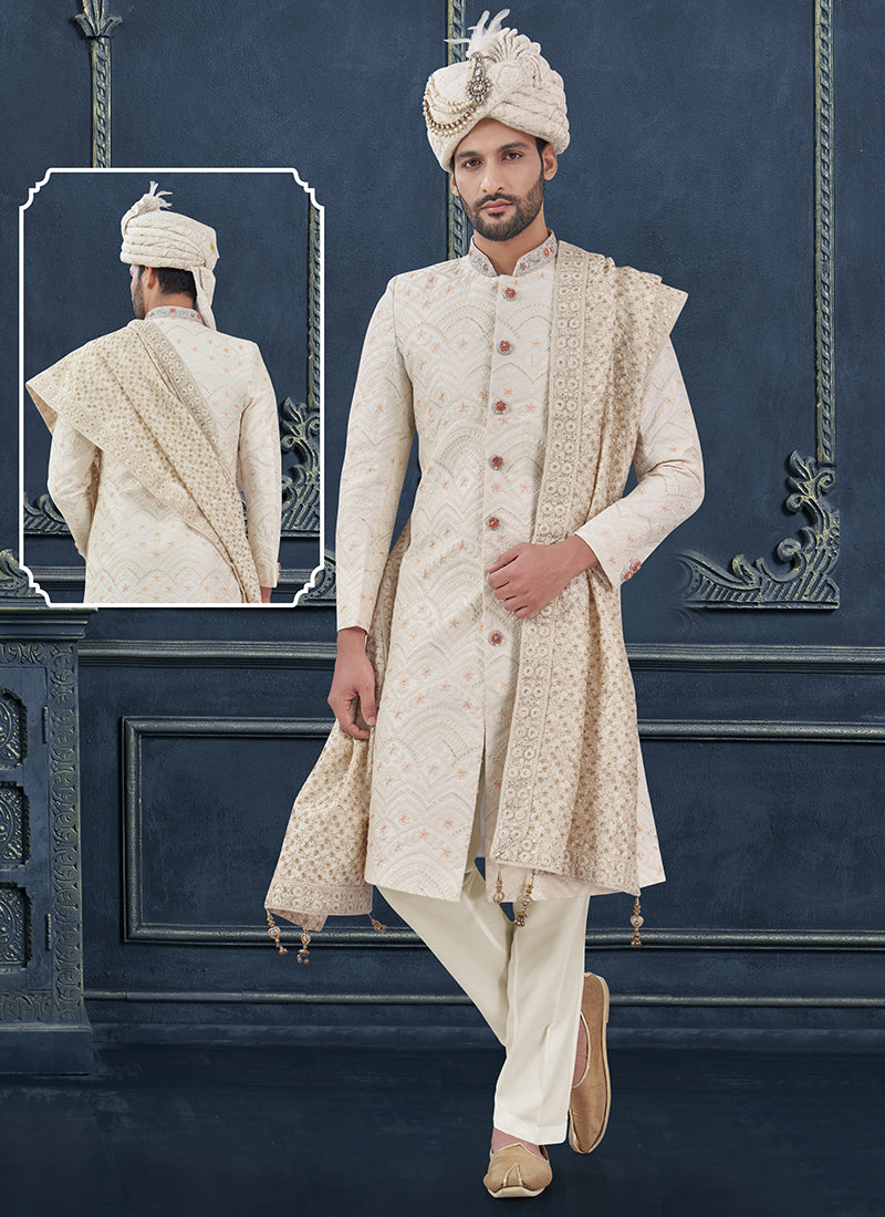 Silk Off White Groom Wear Hand Work Readymade Sherwani With Turban 370293