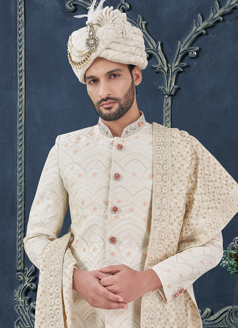 Silk Off White Groom Wear Hand Work Readymade Sherwani With Turban 370293