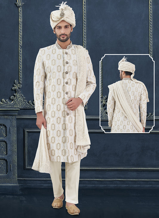 Silk Off White Groom Wear Hand Work Readymade Sherwani With Turban 370294
