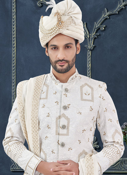 Silk White Groom Wear Hand Work Readymade Sherwani With Turban 370295