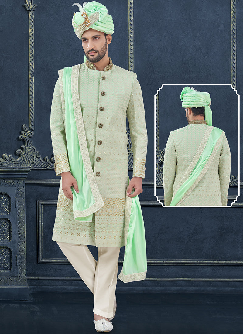 Silk Mint Green Groom Wear Hand Work Readymade Sherwani With Turban 370296