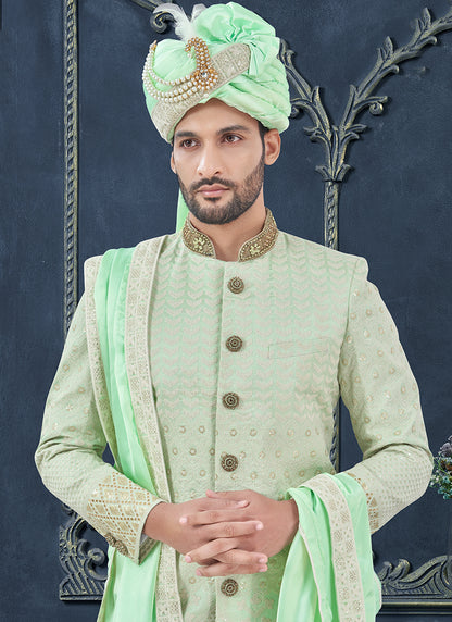 Silk Mint Green Groom Wear Hand Work Readymade Sherwani With Turban 370296