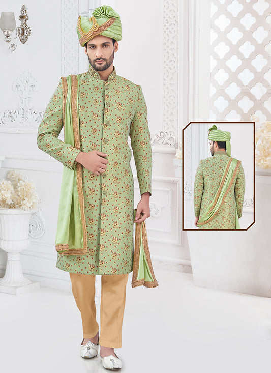 Jacquard Silk Green Groom Wear Hand Work Readymade Sherwani With Turban 370297