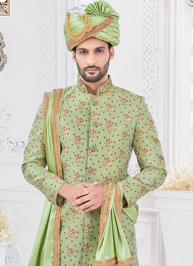 Jacquard Silk Green Groom Wear Hand Work Readymade Sherwani With Turban 370297
