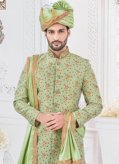 Jacquard Silk Green Groom Wear Hand Work Readymade Sherwani With Turban 370297