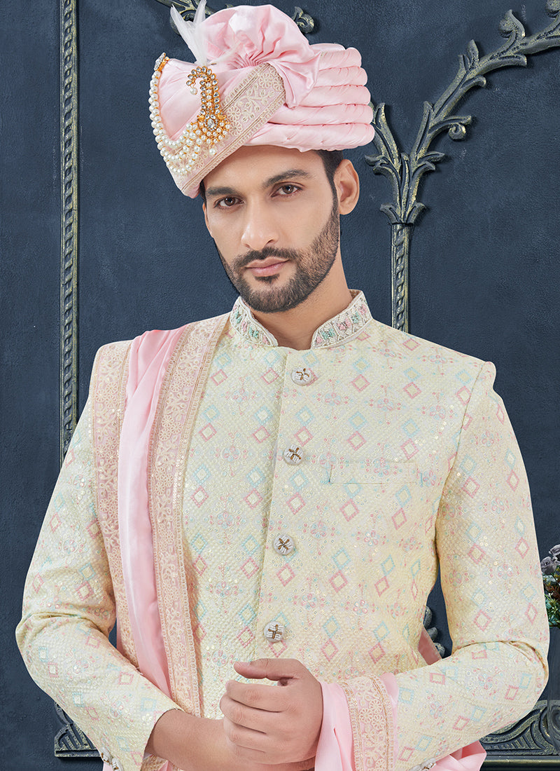Silk Cream Groom Wear Hand Work Readymade Sherwani With Turban 370298