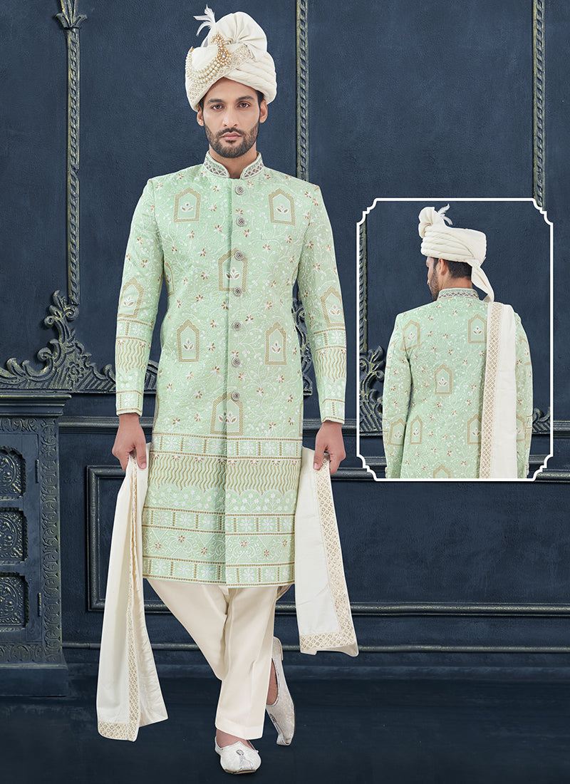 Silk Lime Green Groom Wear Hand Work Readymade Sherwani With Turban 370299