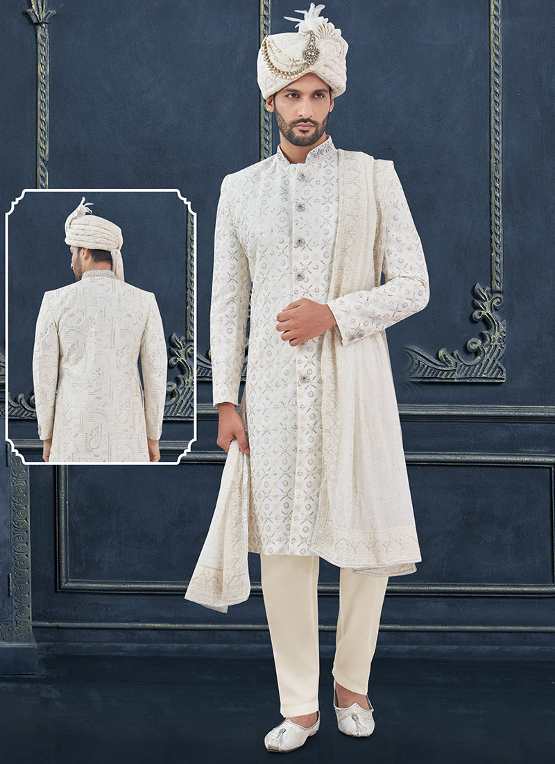 Georgette White Groom Wear Hand Work Readymade Sherwani With Turban 370300