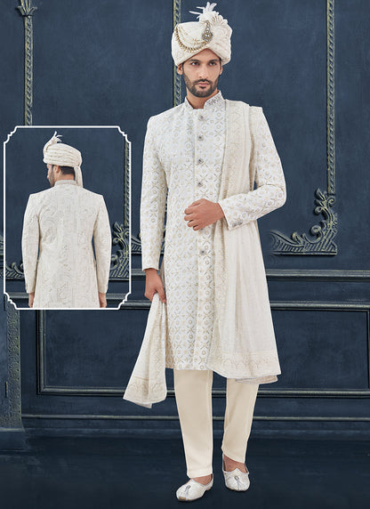 Georgette White Groom Wear Hand Work Readymade Sherwani With Turban 370300