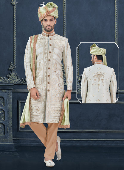 Silk Off White Groom Wear Hand Work Readymade Sherwani With Turban 370301