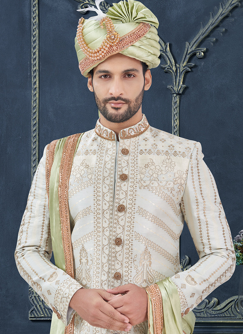 Silk Off White Groom Wear Hand Work Readymade Sherwani With Turban 370301
