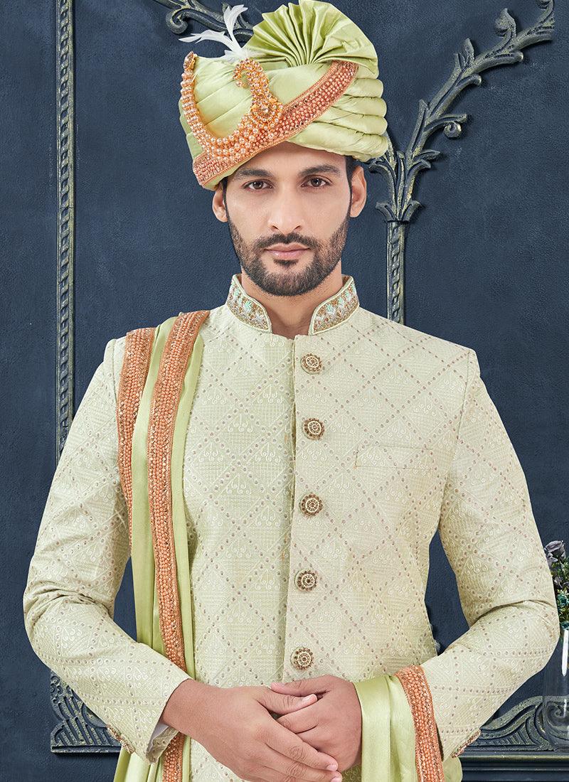 Silk Lime Green Groom Wear Hand Work Readymade Sherwani With Turban 370302