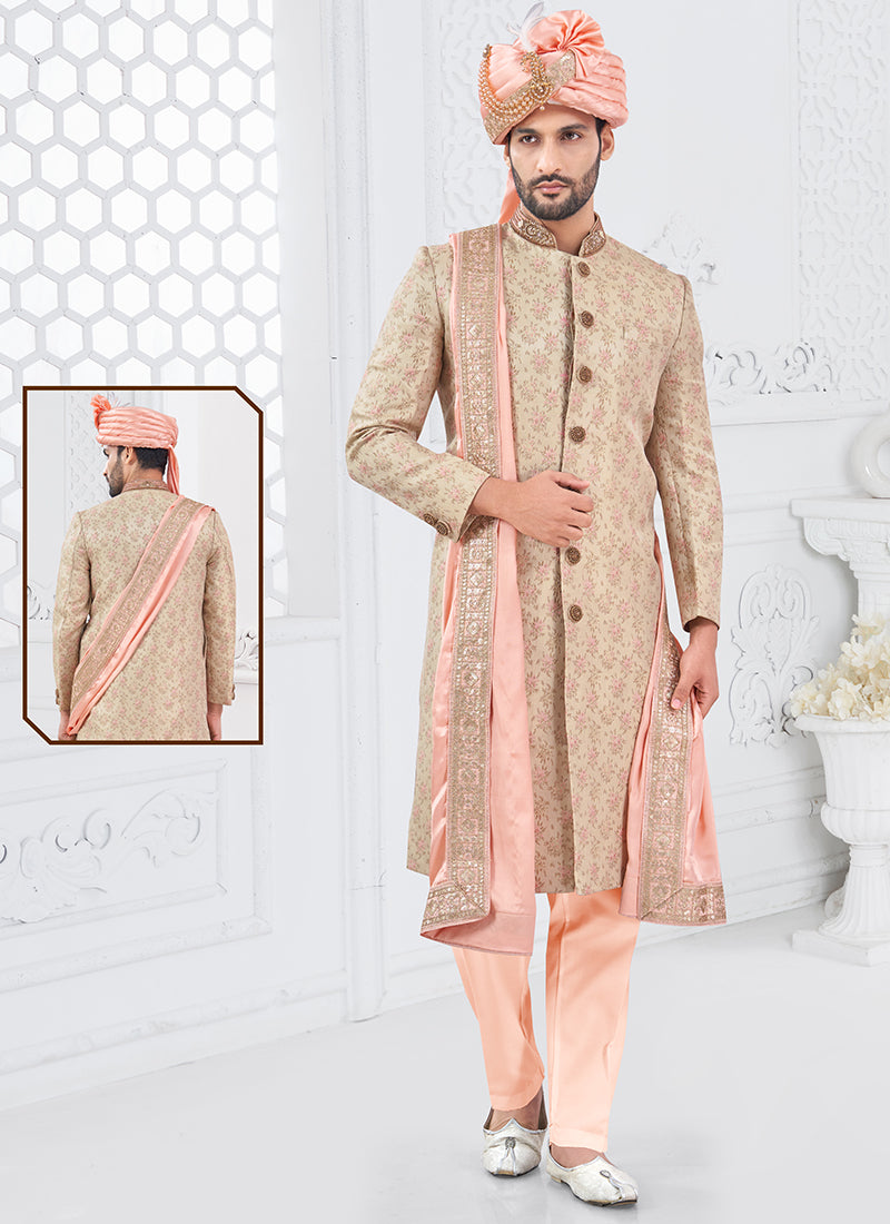 Silk Dark Cream Groom Wear Hand Work Readymade Sherwani With Turban 370303