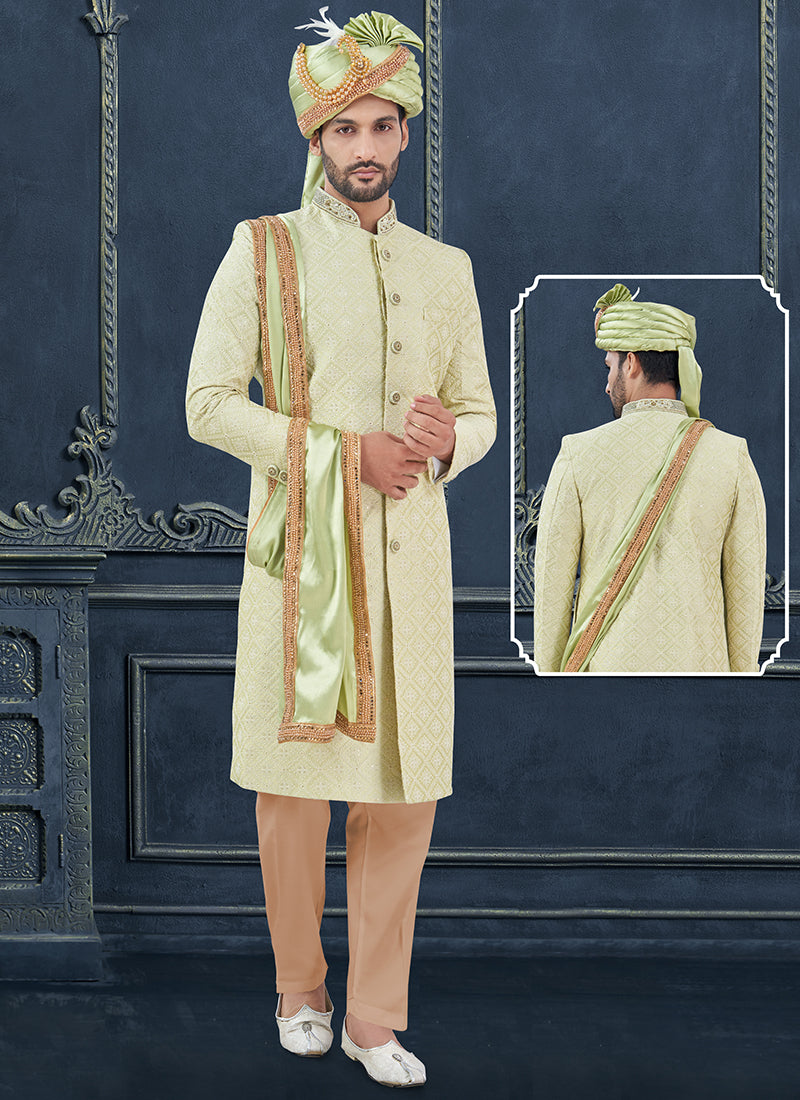 Silk Lime Green Groom Wear Hand Work Readymade Sherwani With Turban 370304
