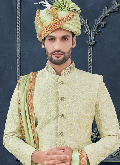 Silk Lime Green Groom Wear Hand Work Readymade Sherwani With Turban 370304