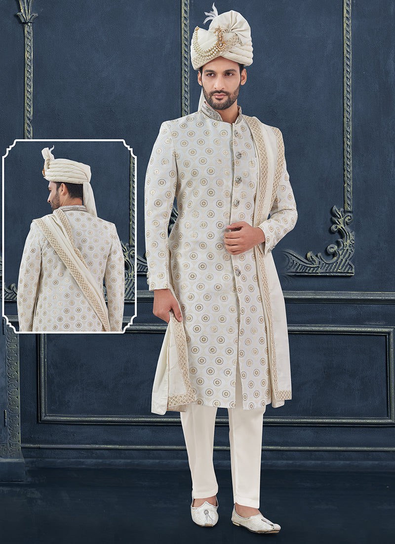 Georgette White Groom Wear Hand Work Readymade Sherwani With Turban 370305