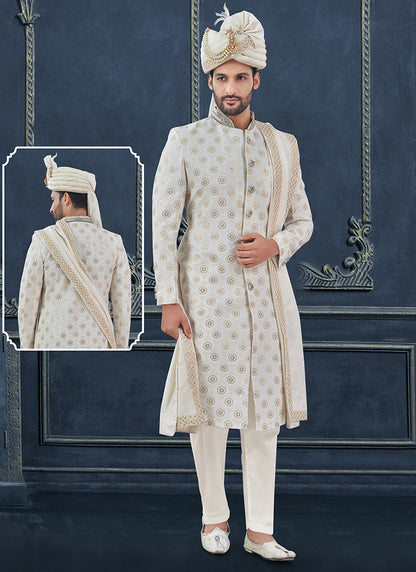 Georgette White Groom Wear Hand Work Readymade Sherwani With Turban 370305