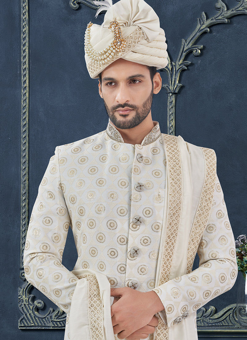 Georgette White Groom Wear Hand Work Readymade Sherwani With Turban 370305