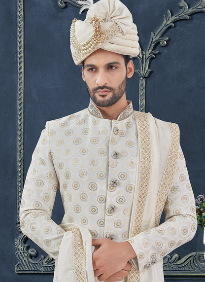 Georgette White Groom Wear Hand Work Readymade Sherwani With Turban 370305