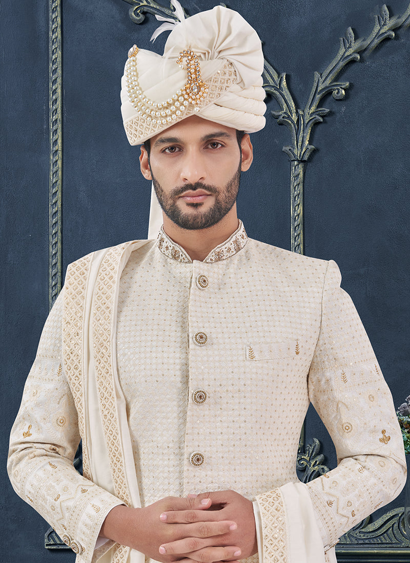 Georgette White Groom Wear Hand Work Readymade Sherwani 370306