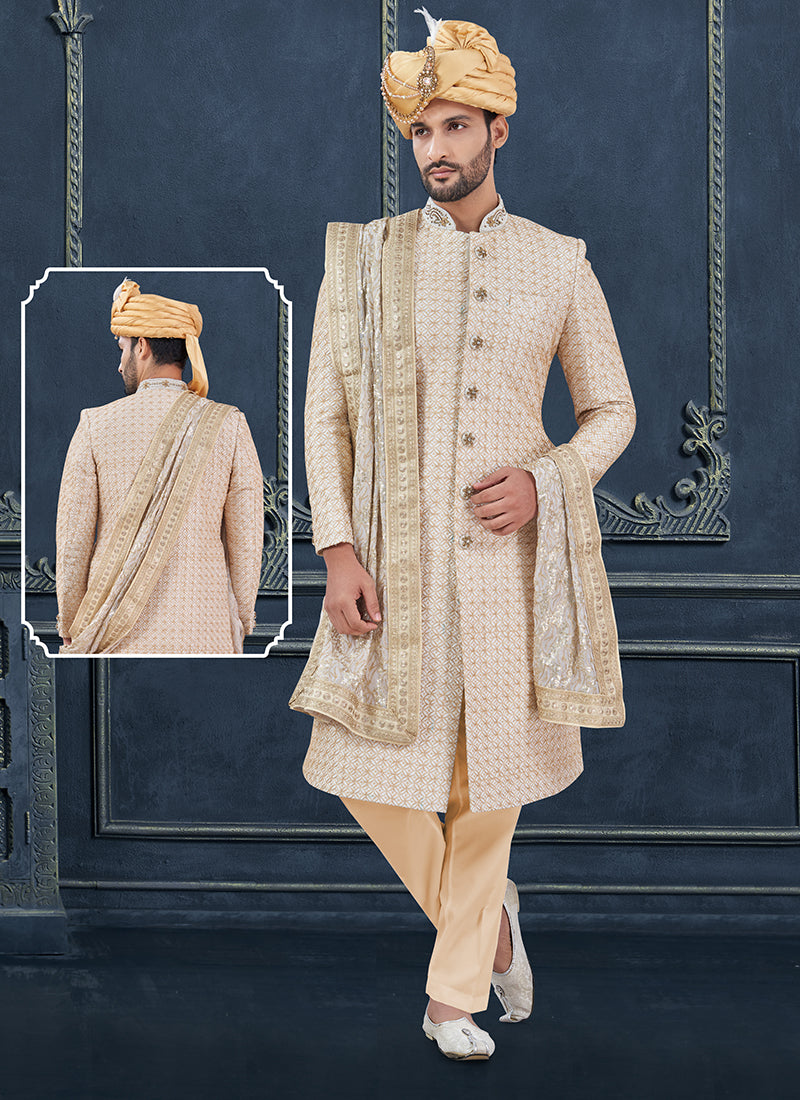 Silk Off White Groom Wear Hand Work Readymade Sherwani 370307