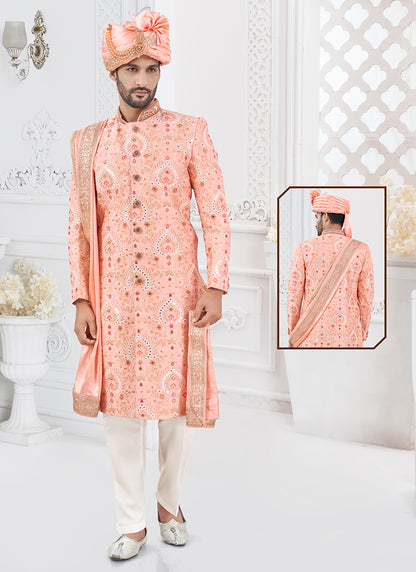Silk Orange Groom Wear Hand Work Readymade Sherwani 370308