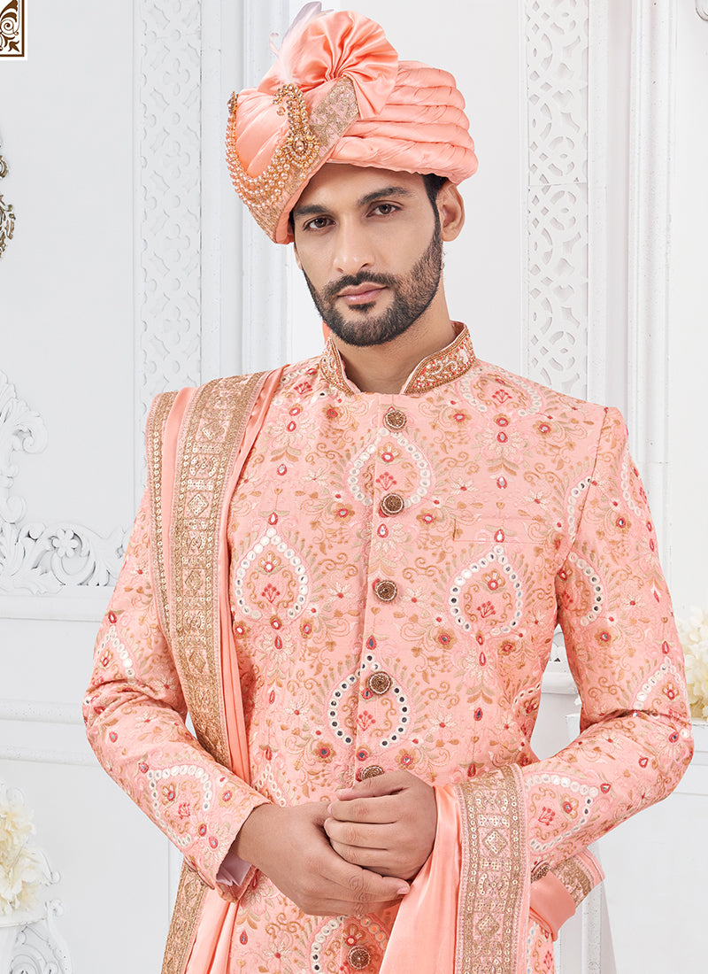 Silk Orange Groom Wear Hand Work Readymade Sherwani 370308