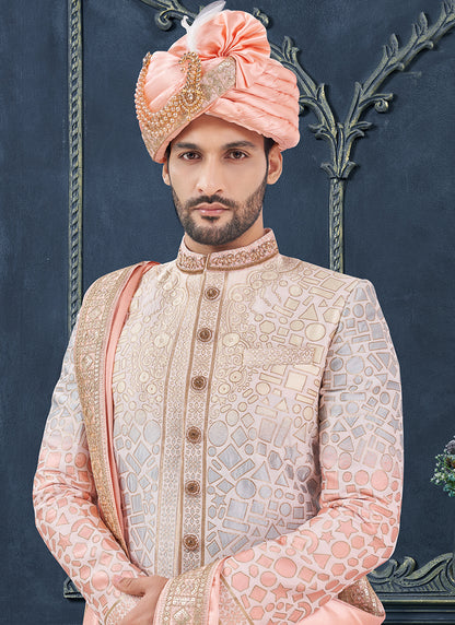 Silk Multi Color Groom Wear Hand Work Readymade Sherwani 370309