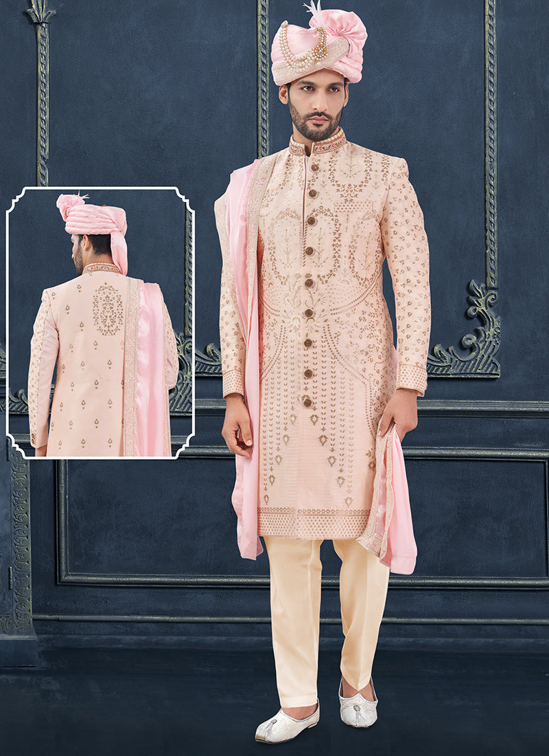 Silk Peach Groom Wear Hand Work Readymade Sherwani 370310